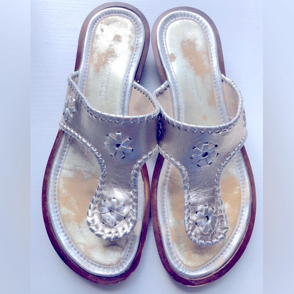 Italian leather, metallic thong sandal, soft Gold w silver Wedge 7/8"heel, 71/2